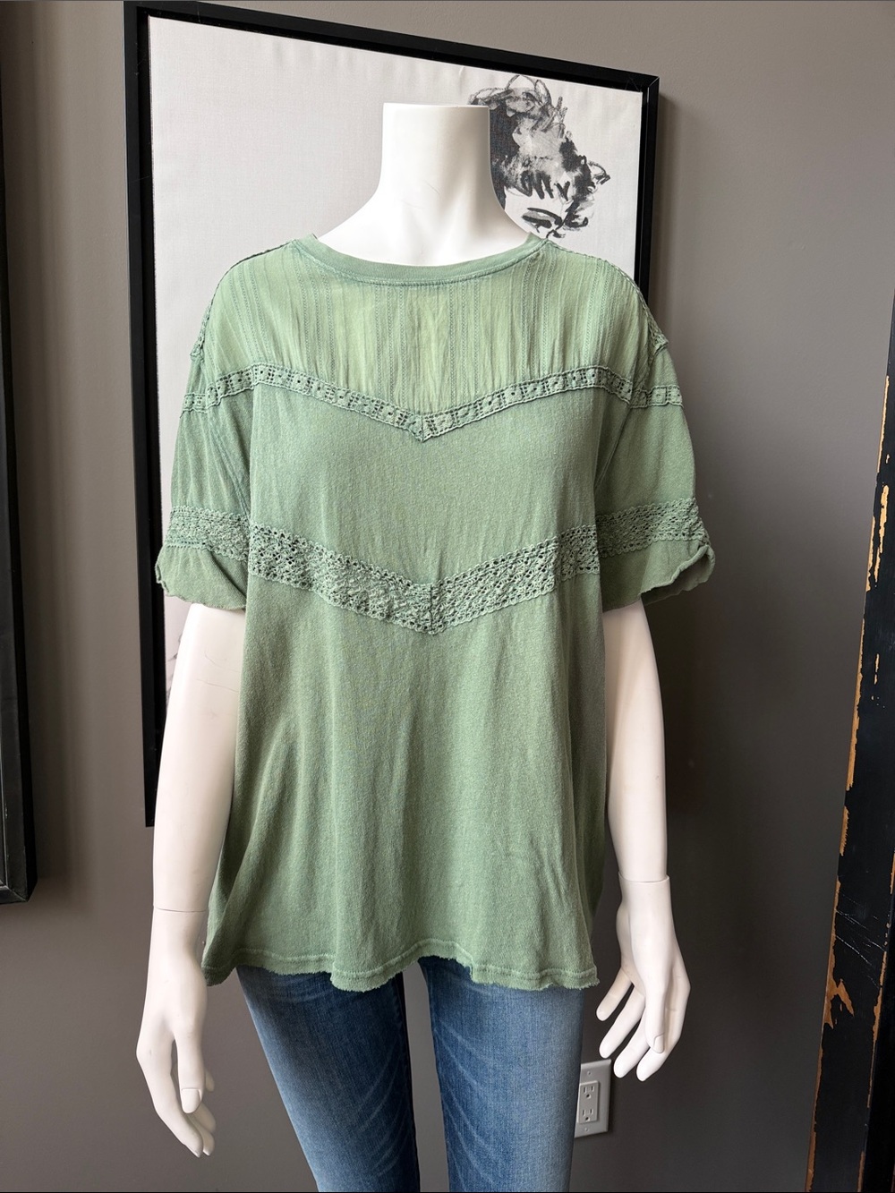 We the free Washed Sage Green Crochet-Trim Short Sleeve Top